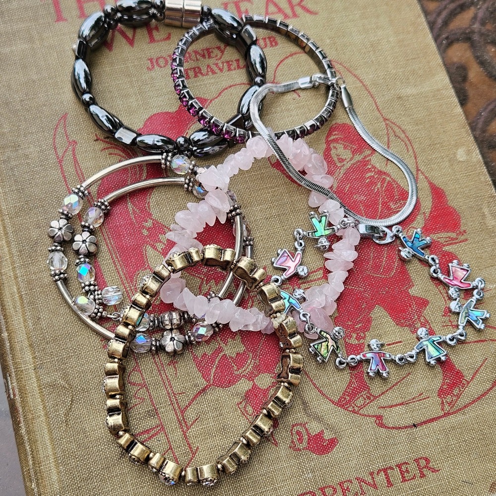 Vtg Y2K Ann Taylor Loft Rose Quartz Abalone Crystal Pink Bracelet Lot 7pc Set